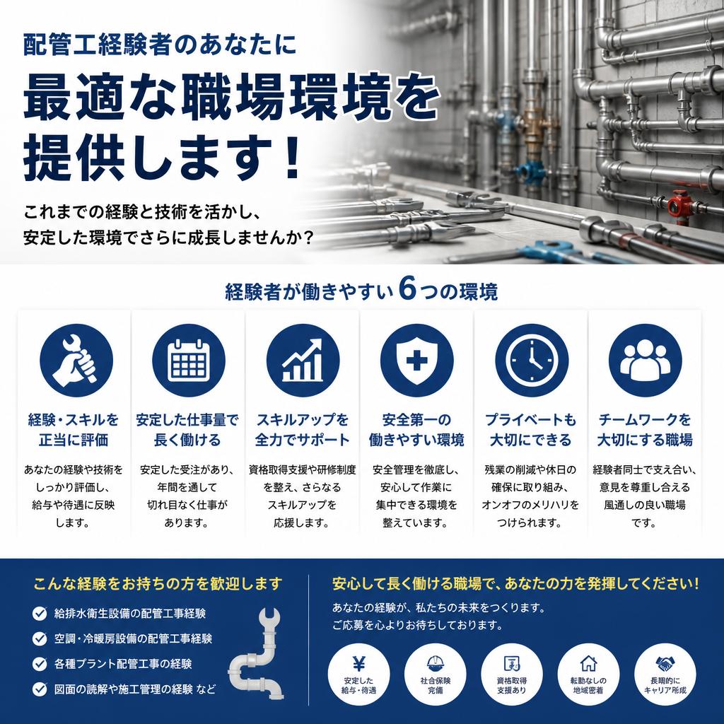 配管工経験者のあなたに最適な職場環境を提供します！