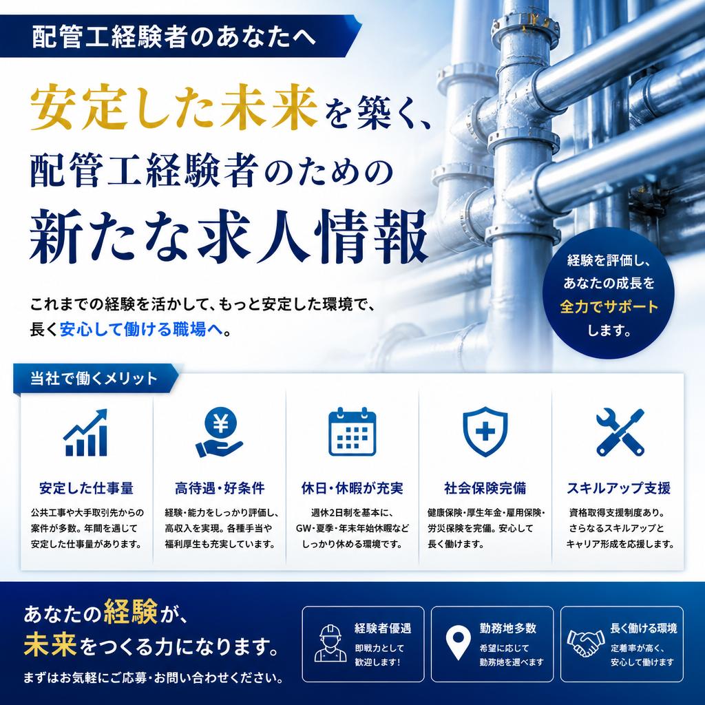 安定した未来を築く、配管工経験者のための新たな求人情報