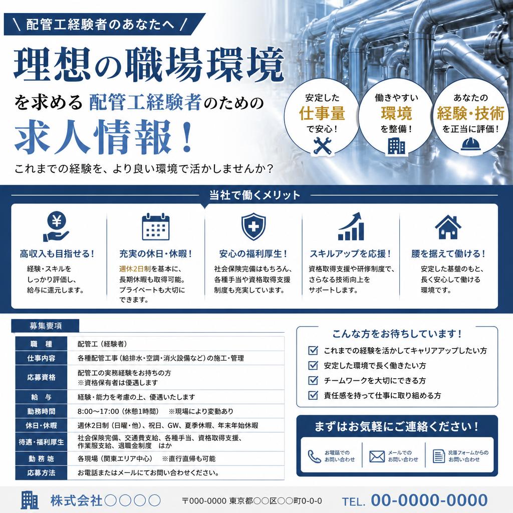 理想の職場環境を求める配管工経験者のための求人情報！