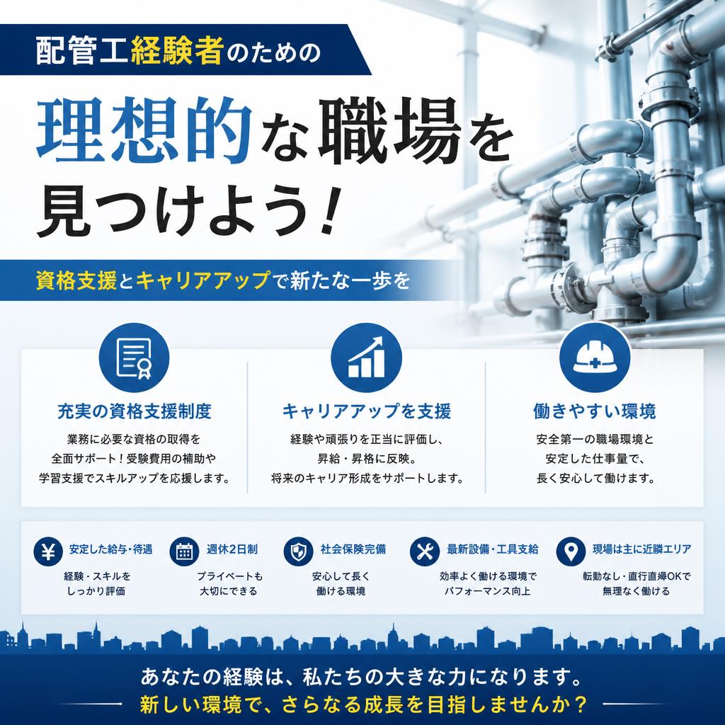 配管工経験者のための理想的な職場を見つけよう！資格支援とキャリアアップで新たな一歩を