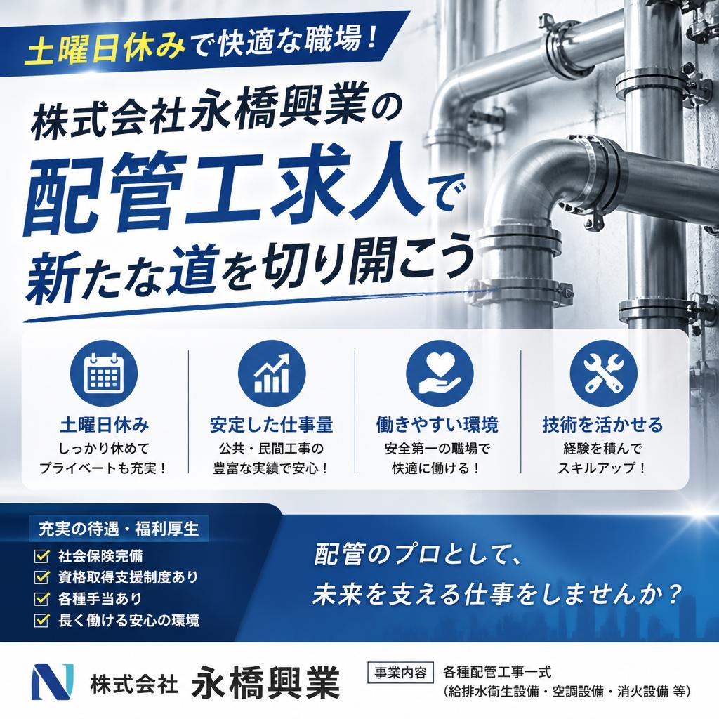 土曜日休みで快適な職場！株式会社永橋興業の配管工求人で新たな道を切り開こう